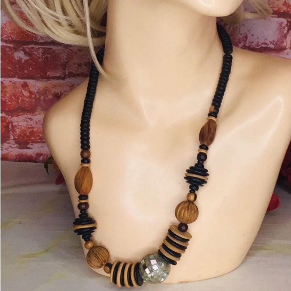 Vintage Brown and Black Boho Wooden Beaded African Inspired Necklace